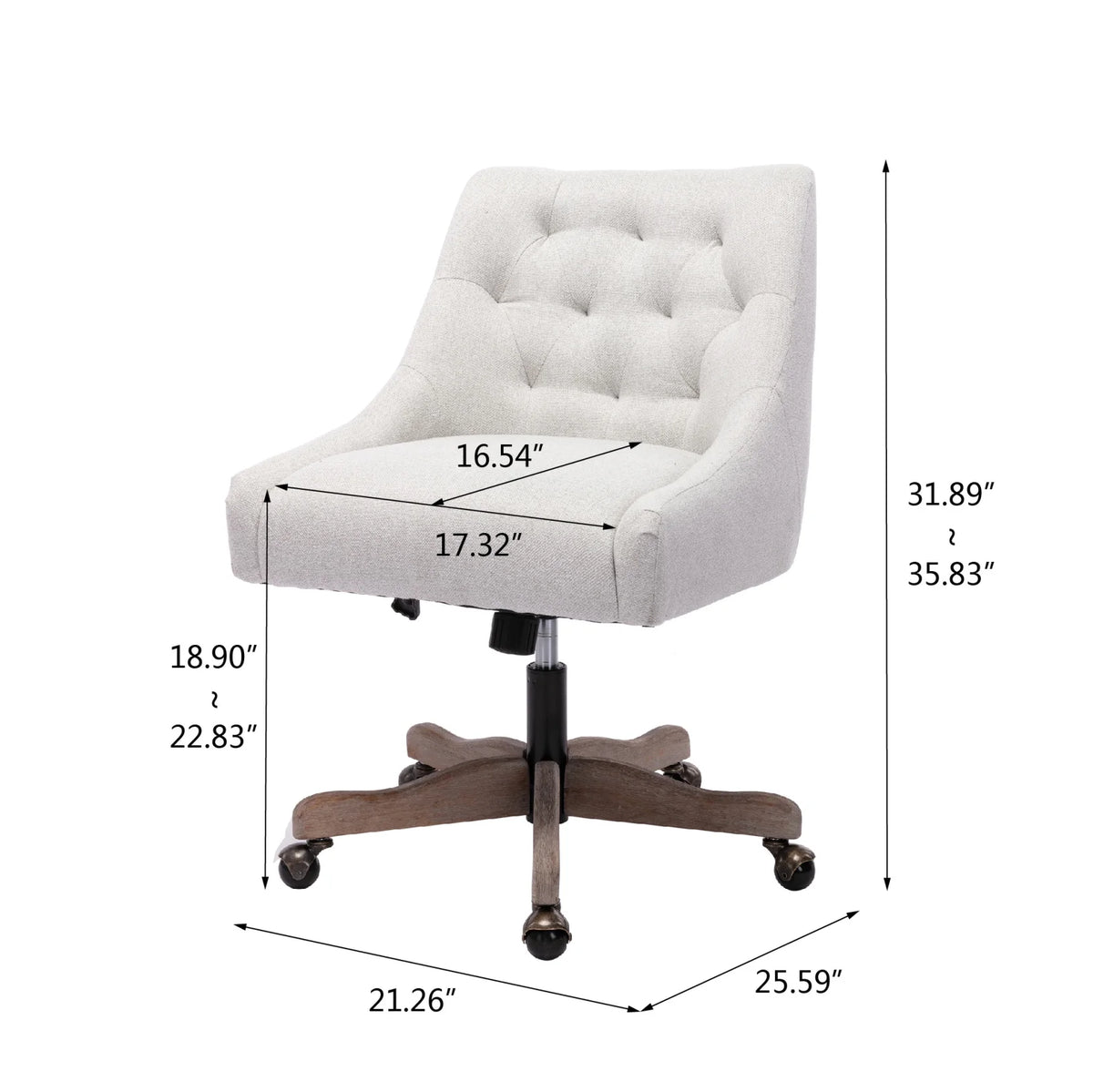 360 Degree Swivel Office Desk Chair, Upholstered Leisure Vanity Chair with Solid Wood Base and Wheels, Adjustable Height Computer Chair for Bedroom Living Room, Brown