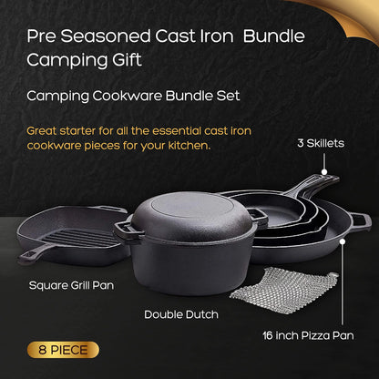 Bruntmor Pre-Seasoned Cast Iron Cookware Set - 8-Piece Bundle with Skillets, Grill Pan, Dutch Oven, Pizza Pan, and Utensils - Durable Pots and Pans Set for Cooking - Ideal Gift for Home or Camping