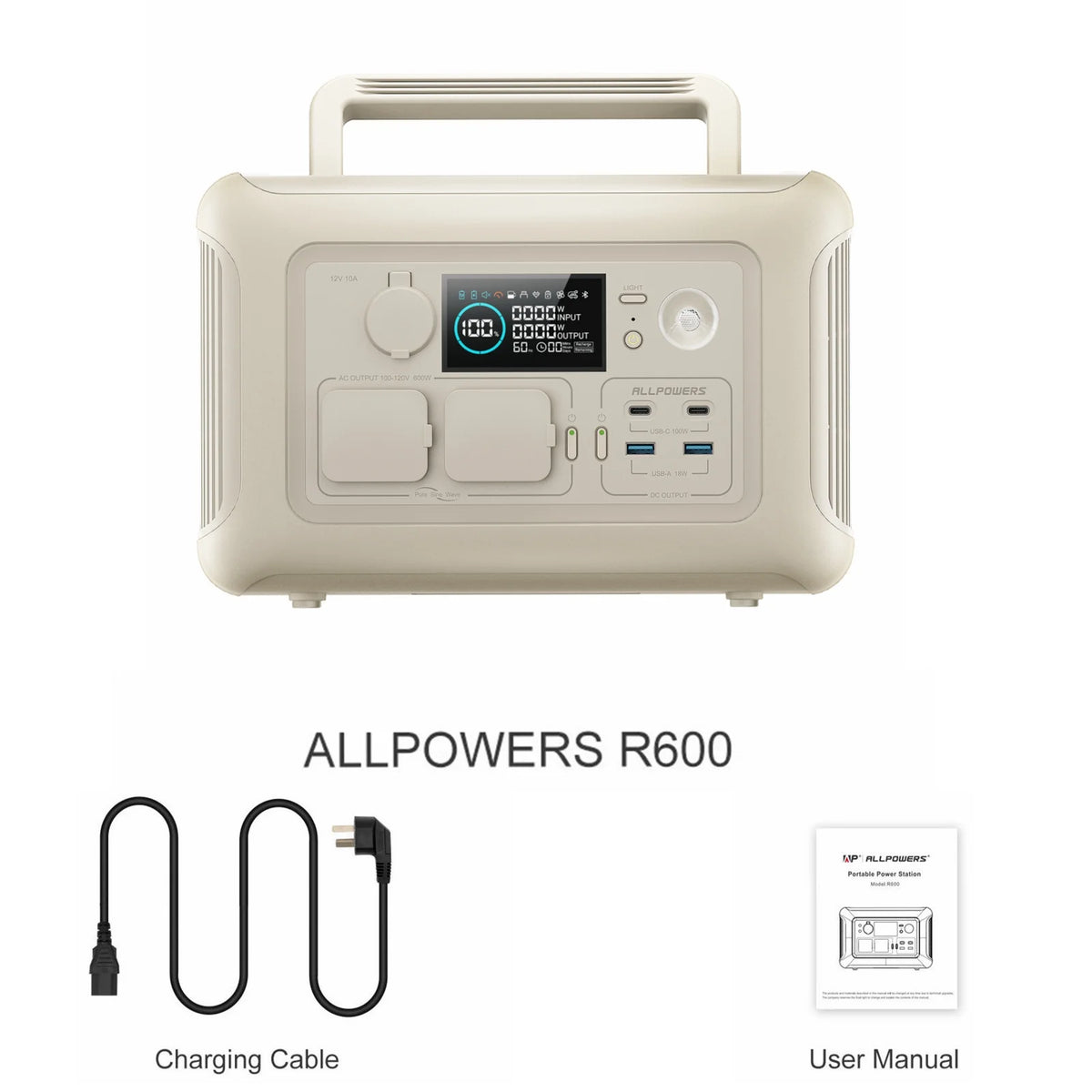 ALLPOWERS Beige R600 Portable Power Station 600W, 299Wh LiFePO4 Battery, Wireless Charging, Solar Generator Charger for Camping, Home Backup, Emergency, off-Grid, Power Outage