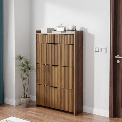 Shoe Cabinet, Free Standing Tipping Bucket Shoe Rack Organizer with 3 Flip Drawers, Modern Entryway Narrow Shoe Rack with 2 Drawers & Top Storage, for Hallway Bedroom, Walnut