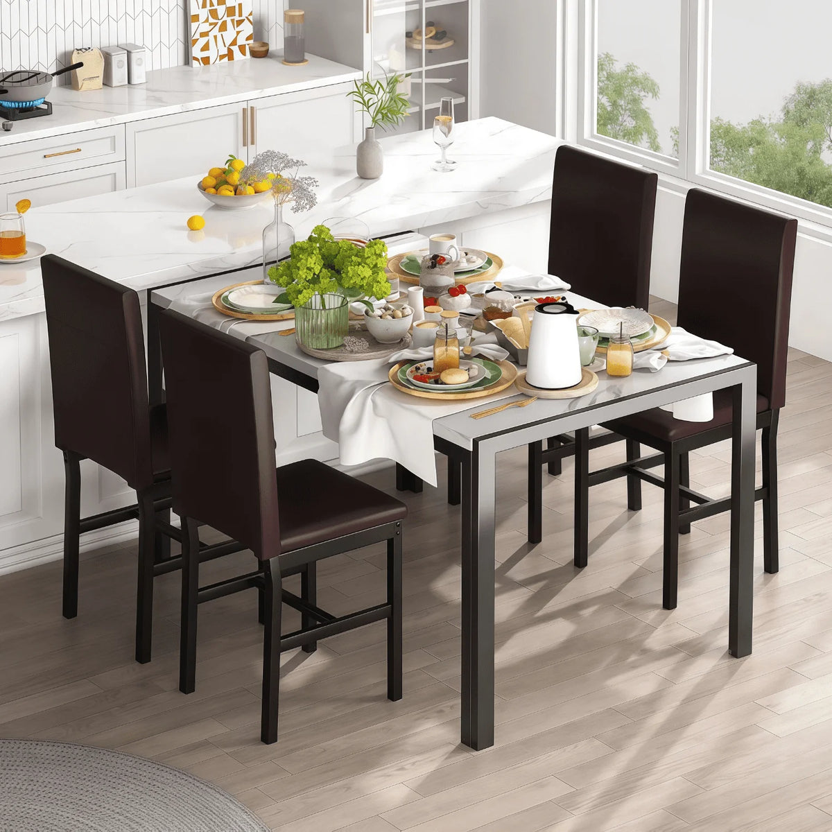 AWQM Dining Table Set of 4, Faux Marble 5 Piece Dining Room Table Set with PU Leather Chairs, Rectangular Kitchen Table Set for Apartment, Dining, White
