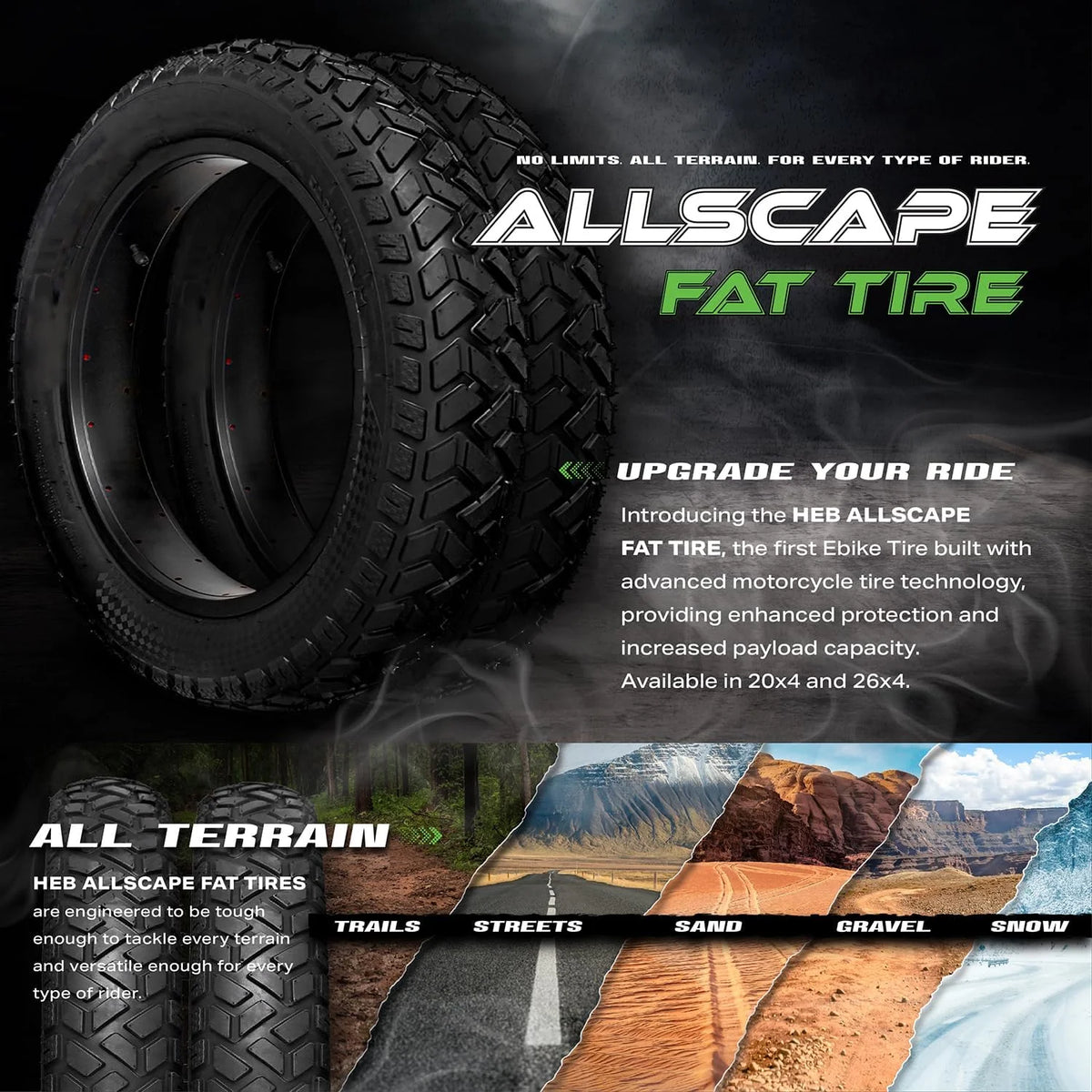 HEB ALLSCAPE Heavy Duty 20x4 Bike Tire + Tube - Includes 2 Tires for Optimal Performance