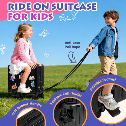 Advwin Ride-On Kids Luggage with Pull Strap, Footrests, Cup Holder, 6 Wheels & Adjustable Handle, 18-Inch Spinner Suitcase with Stickers & Boarding Pass, Pink