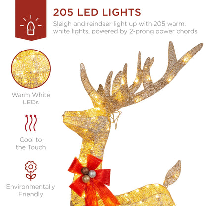 Best Choice Products Lighted Christmas 4ft Reindeer & Sleigh Outdoor Yard Decoration Set w/ 205 LED Lights, Stakes