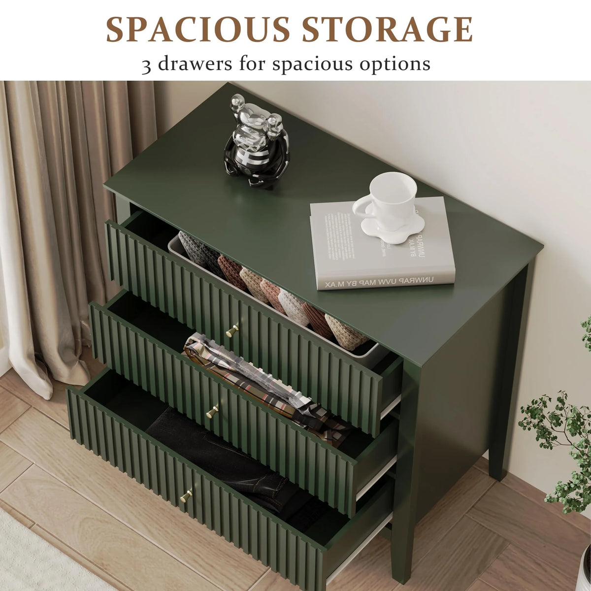 May Color Large White 3 Drawer Dresser Set of 2 with Fluted Panel, Modern Chest of Drawers with Silent Slide Drawers, Wood Accent Nightstand with Storage for Bedroom Living Room, Hallway