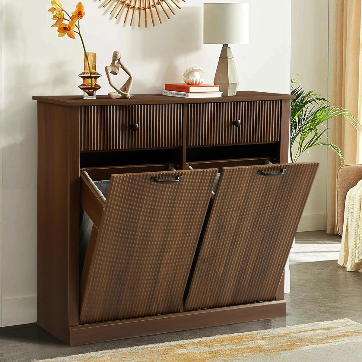 Haverchair Double Tilt Out Laundry Hamper Cabinet, Modern Fluted Trash Can Cabinets with Drawer, Wooden Hidden Garbage Cabinet for Kitchen and Bathroom
