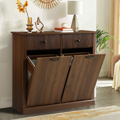 Haverchair Double Tilt Out Laundry Hamper Cabinet, Modern Fluted Trash Can Cabinets with Drawer, Wooden Hidden Garbage Cabinet for Kitchen and Bathroom