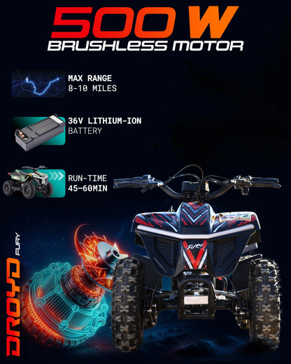 Droyd Fury Electric Youth ATV, 36V 500W Brushless Motor, Dual Suspension, Max Speed 15 mph, Offroad
