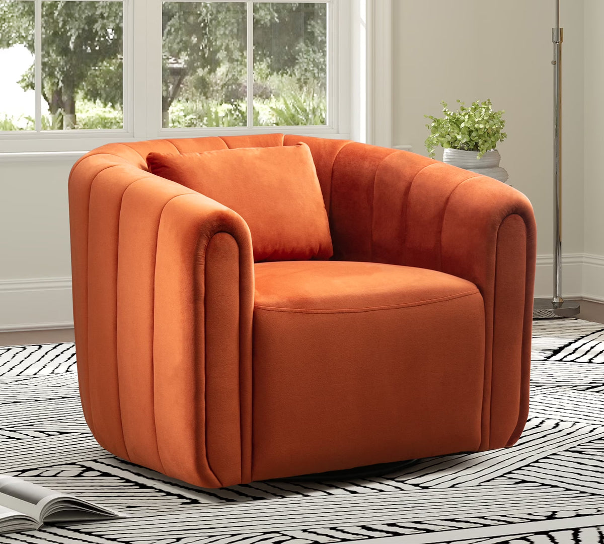 Bonzy Home Swivel Chair with Plump Pillow, Modern Velvet Accent Chair for Living Room Bedroom , Comfy Round Armchair, Orange