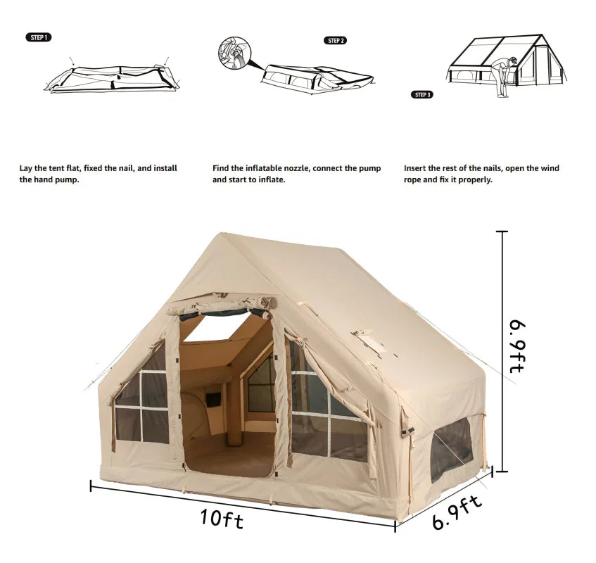 Inflatable Camping Tents With Hand Pump, Air Glamping Tents, Easy SetupWaterproofand Windproof Blow Up Tent, 4 Seasons Oxford Cabin Tent With esh &ChimneyWindow.