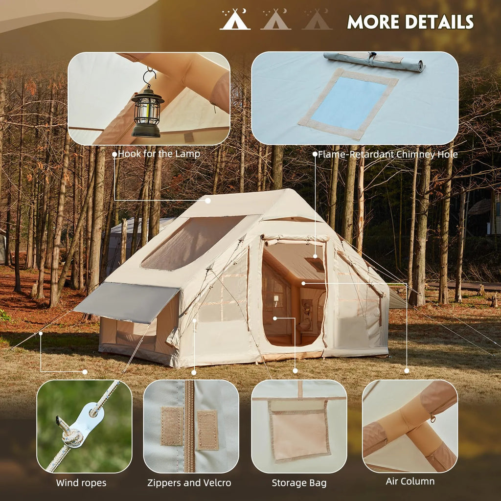 Erommy 3-4 Person Inflatable Tents for Camping with Large Rainproof Cover, Blow-Up Tent with Hand Pump, Easy Setup Tent House, Air Tent for Camping Adult,Beige