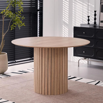 5 Piece Round Dining Table Set - Mid-Century 47 inch Oak Dining Table with 4 Brown Faux Leather Chairs Set, Dinner Table & Chair with Metal Legs for Kitchen Dining Room, Apartment, Bedroom