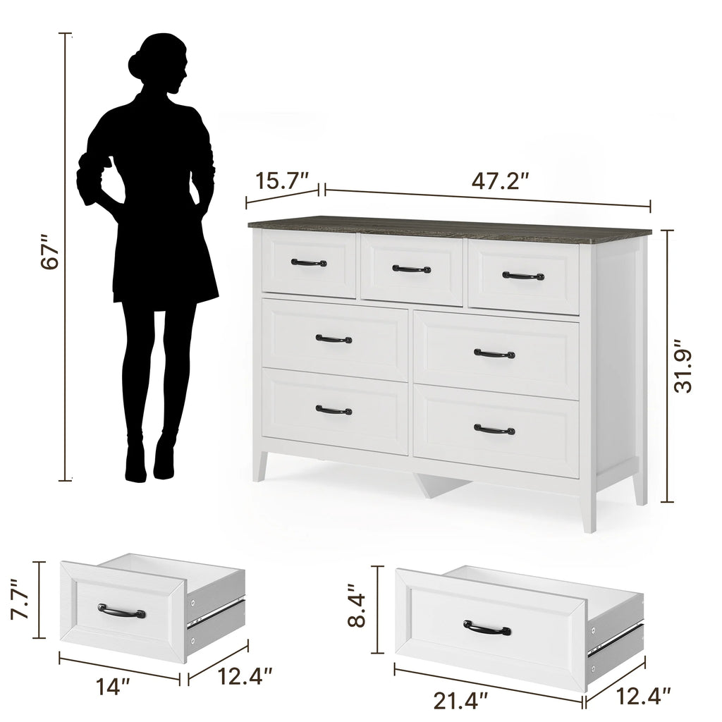 Lofka 47.2" Dresser for Bedroom with 6 Double Drawers, Farmhouse Wood Storage Cabinet with Smooth Metal Handle