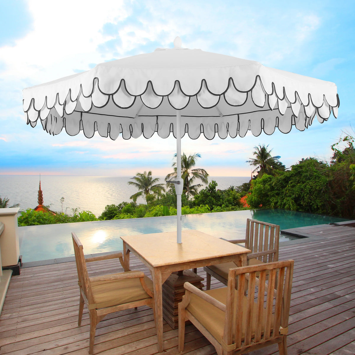 JONATHAN Y Tracy 9 ft. Market Patio Umbrella, Classic Mid-Century Scalloped Fringe, with Auto-Tilt Crank, Wind Vent and UV Protection, Coral Pink/White, Dark Brown Pole