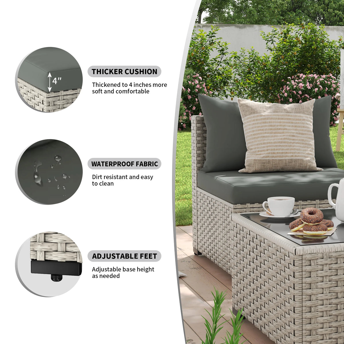 7 Pieces Patio Conversation Set, Outdoor Sectional PE Rattan Wicker Furniture Seat,Dark Gray