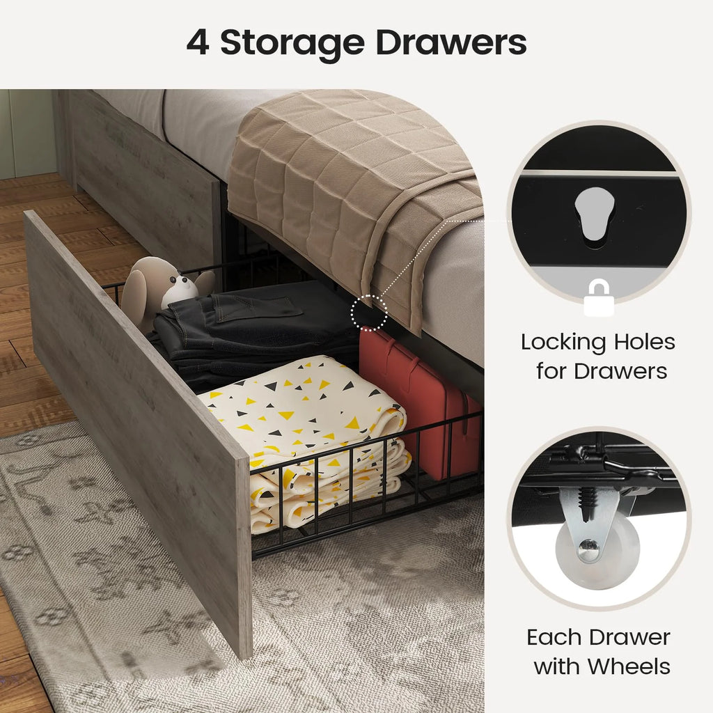 Twin Bed Frame with 4 Storage Drawers and Charging Station, Farmhouse Wooden Led Twin Bed with Storage Hidden Space Headboard and Metal Slats, Gray
