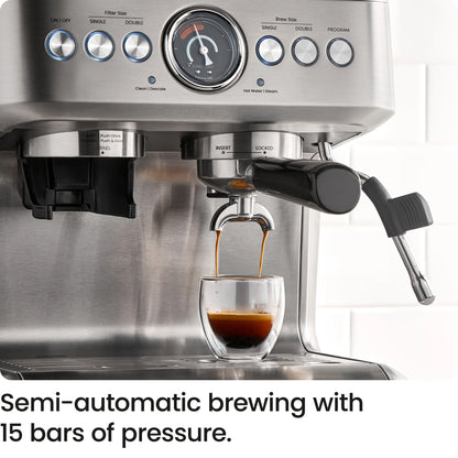 Chefman Crema Supreme Espresso Machine with Conical Burr Grinder and Steam Wand a?? Stainless Steel, New