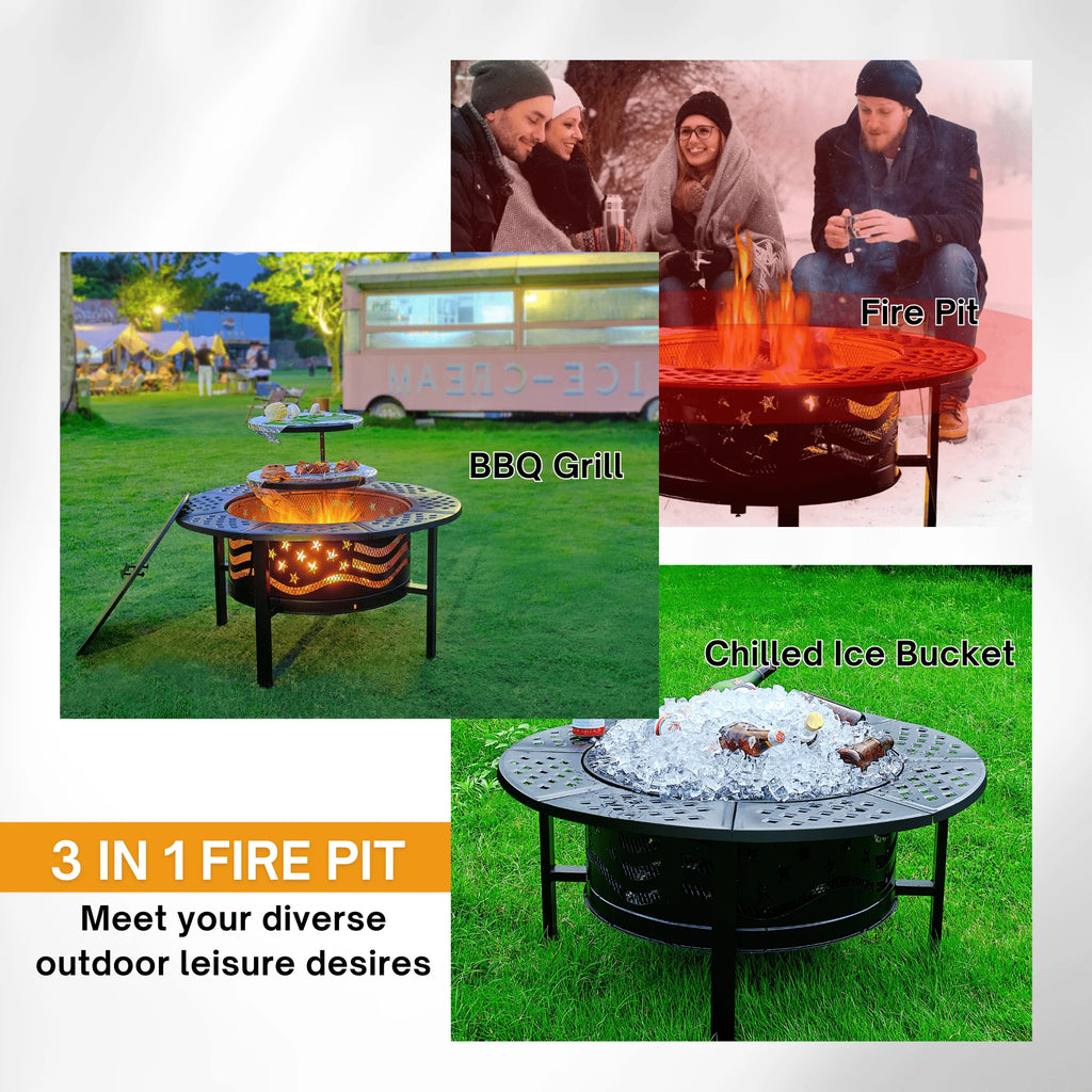 TrumanPick Fire Pit for Outside 42" Wood Burning Fire Pit Tables with 2 Adjustable Swivel BBQ Grills, Lid, Poker for Patio Backyard BBQ Ice Storage