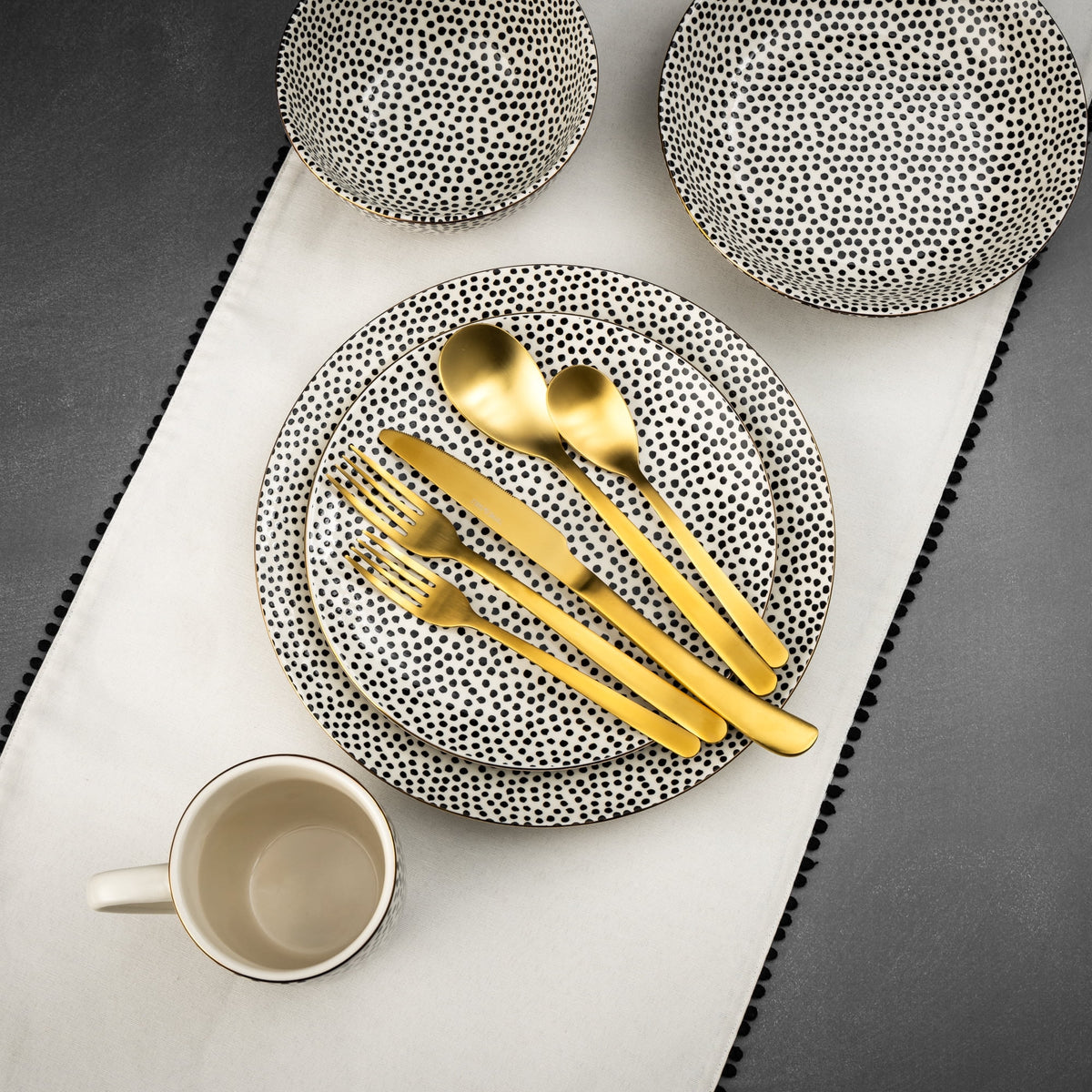 Thyme & Table 60-Piece Dot Dinnerware & Gold Flatware Set, Service for 6
