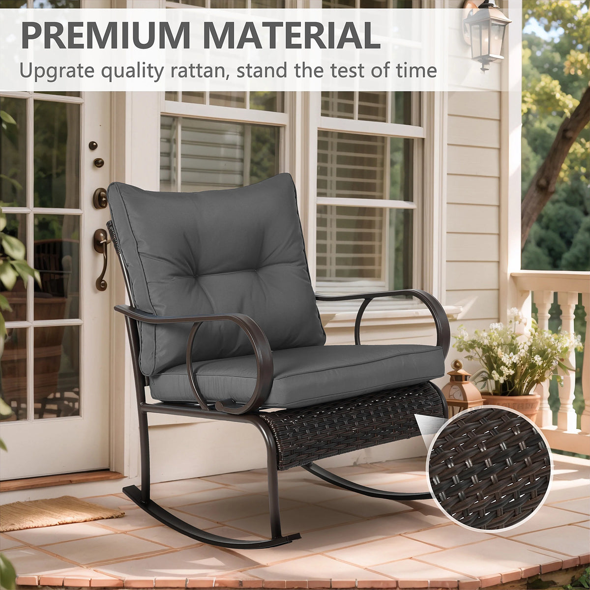 Outdoor Conversation Set of 3, Outdoor Patio Rocking Chair Set with Cushions & Coffee Table, All Weather Wicker Patio Furniture Set, Ideal for Patio, Poolside, Yard, Deck, Coffee Bar