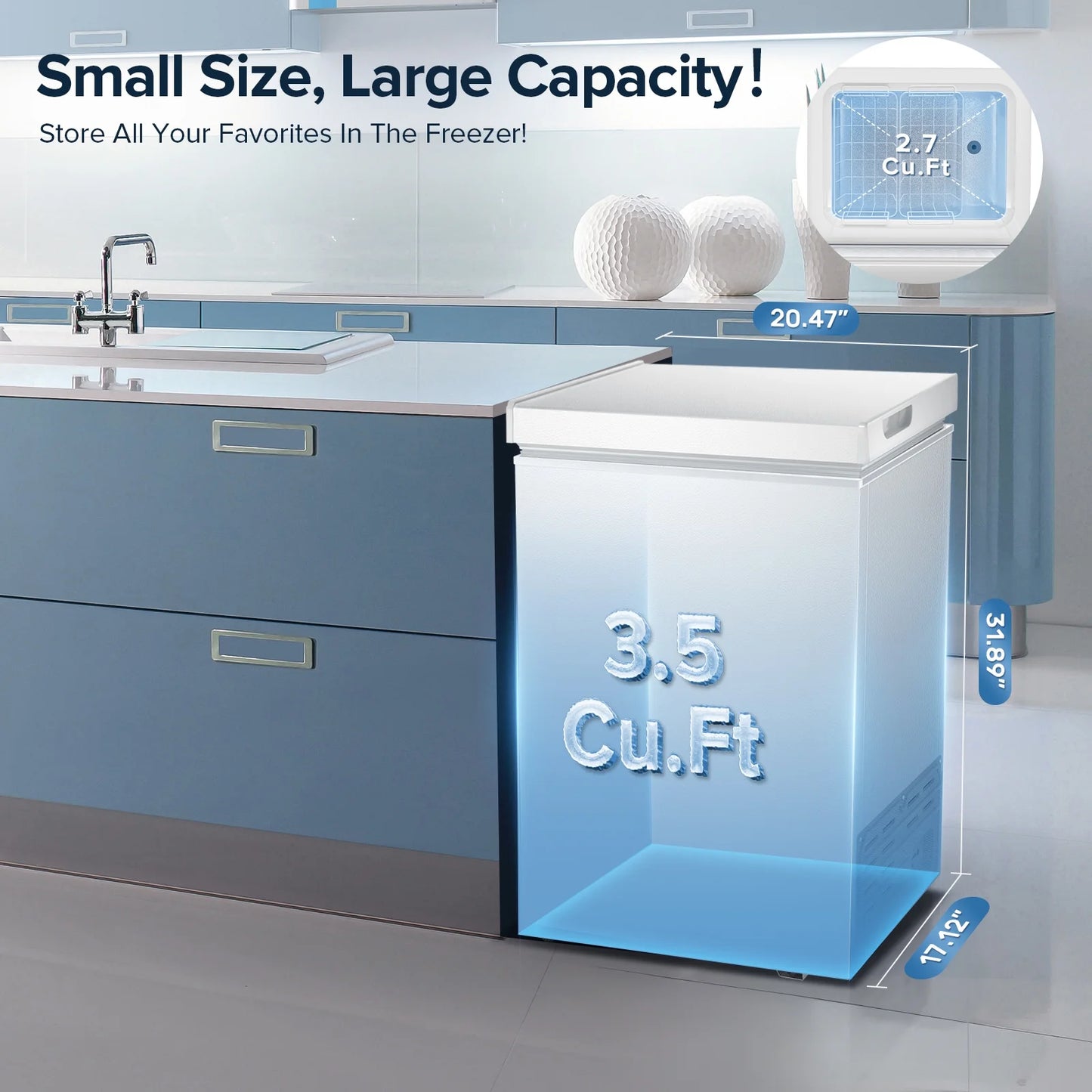 Auseo Mini Freezer Chest 3.5 cu ft,  Black Deep Freezer & Side Handle, Compact Freezer with 7 Gear Adjustable Temperature, Removable Storage Basket*2, Energy Saving