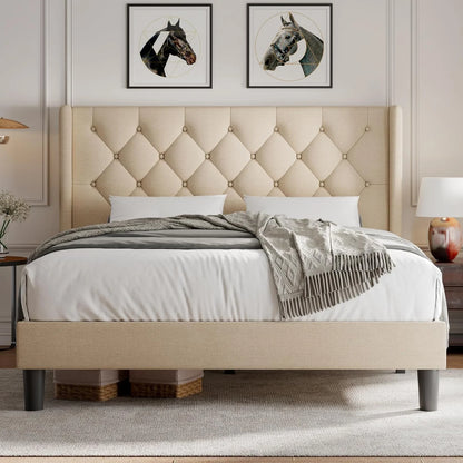 iPormis Full Size Bed Frame with Diamond Button Tufted Wingback Headboard, Upholstered Platform Bed Frame with Strong Wood Slat Support, No Box Spring Needed,Black