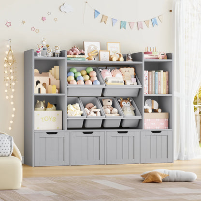 Hiphuta 3 Tier Kids Bookcase with Toy Storage Organizer, Wood Toy Organizer of 6 Boxes & 4 Removable Drawers, White