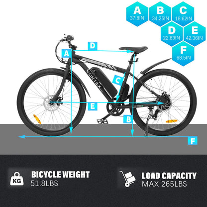 Ecotric Black 26 In. 36V 350W Electric City Bicycle e-Bike Removable Battery 7 Speed Pedal Assist