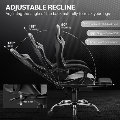 JONPONY Big and Tall Gaming Chair, Ergonomic Design, Gamer Chair PU Leather with Footrest and Lumbar Support, High Back Office Chair Support 8 Hours Long Sitting, Computer Chair,Black Grey
