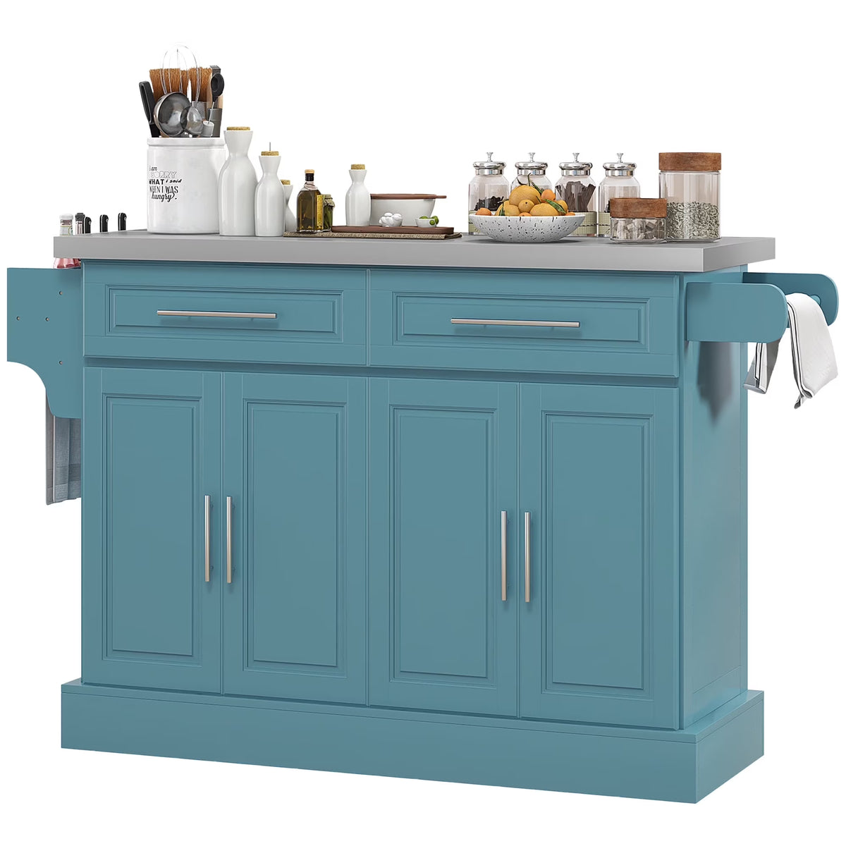 HOMCOM Multi-functional Rolling Kitchen Island Cart with Cabinets and Drawers, Portable Kitchen Storage Cabinet with Spice Rack, Towel Rack, Knife Rack, Steel Top