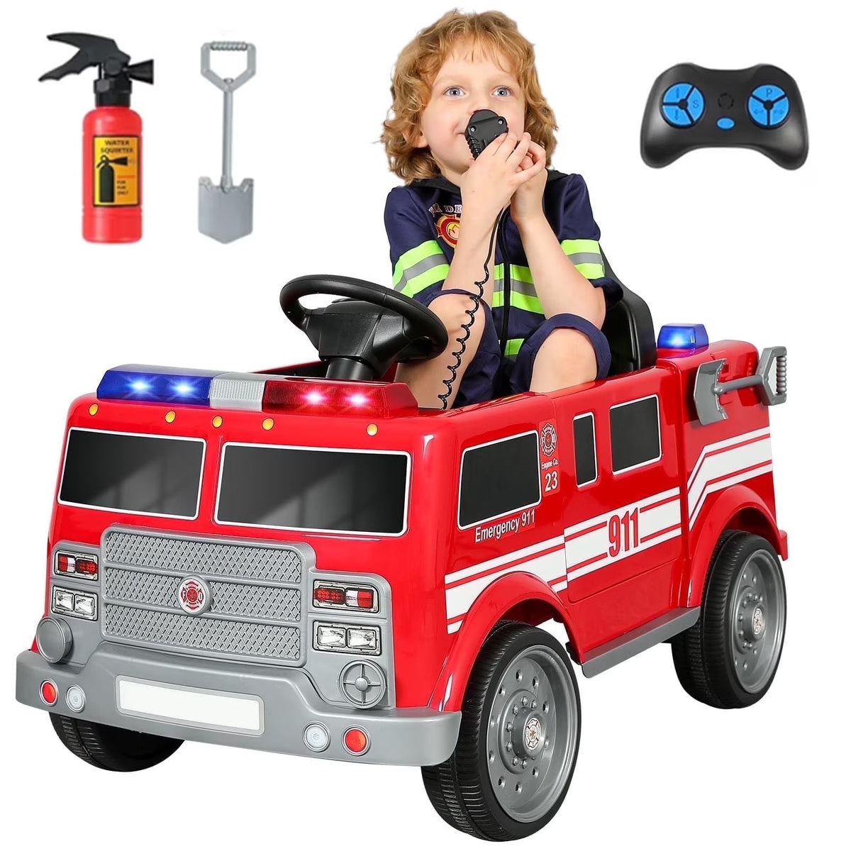 Bobiber Ride on Fire Truck, 12V Battery Powered Ride-On Toy Vehicle with Remote Control, Megaphone, Flashing Lights, Siren and Fire Extinguisher - For Boys and Girls Ages 3-6