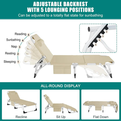 Slsy Folding Lounge Chair, 5-Position Adjustable Outdoor Reclining Chair, Folding Sleeping Bed Cot, Folding Chaise Lounge Chair for Pool Beach Patio Sunbathing