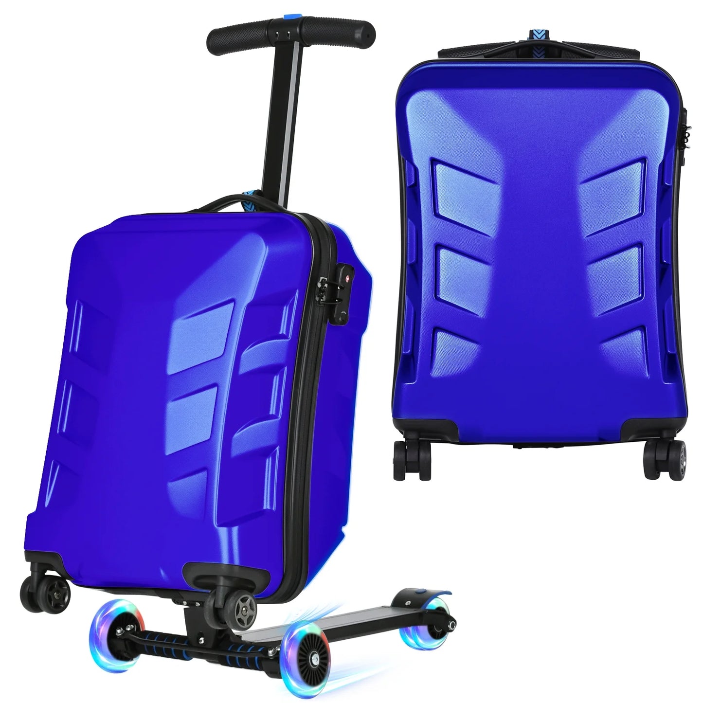 Advwin Scooter Suitcase for Kids & Adults, 3-D Hardshell Ride On Scooter Luggage with LED Light Up Wheels, TSA Lock, Lightweight Foldable Carry On Rideable Suitcase for Children Teenagers, Silver
