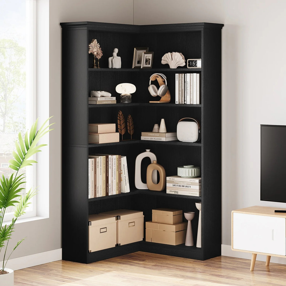 EuKer 5 Tier Corner Bookcase, L-Shaped Bookshelf with Large Storage Capacity for Living Room, Bedroom, Office (Half Panel, Retro Brown)