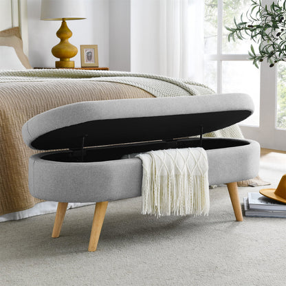 43.5" Oval Storage Ottoman Bench with Solid Wood Legs, Linen Fabric Upholstered Entryway Bench with Safety Hinge, Indoor Bench for End of Bed, Sofa Side, Entryway