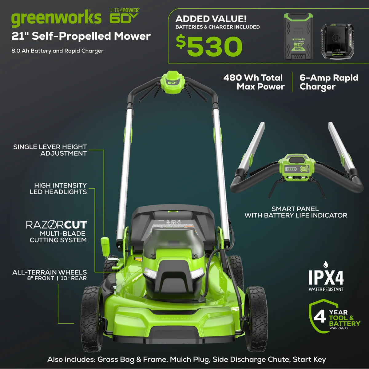 Greenworks 60V 21" Self Propelled Lawn Mower with (1) 8.0 Ah Battery & Rapid Charger 2546402