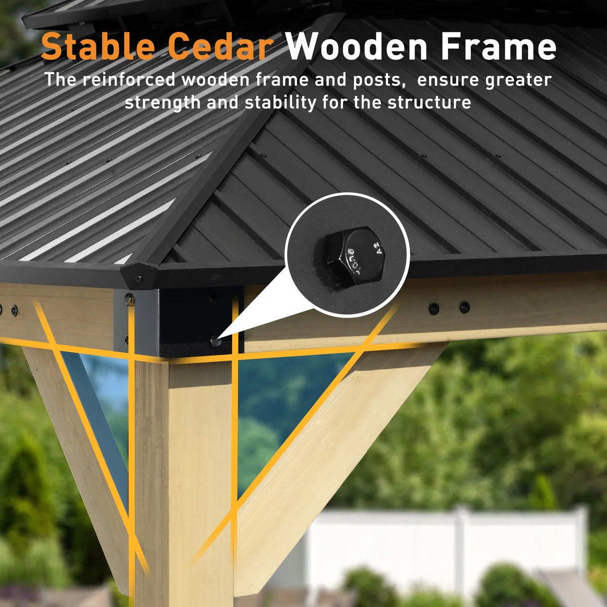Aoodor 10 x 12 ft Wooden Frame Gazebo with 2-Tier Galvanized Metal Hardtop Roof, Outdoor Patio Gazebo with Charging Socket for Patio, Backyard, Deck, and Lawn