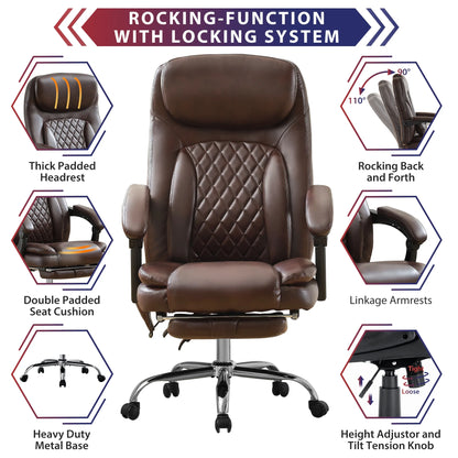 JONPONY Big and Tall Office Chair 500LBS Executive Office Chair Massage and Footrest Ergonomic Computer Desk Chair Reclining High Back Leather Office Chair Lumbar Back Support Swivel Rolling,Black