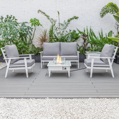 LeisureMod Walbrooke Modern Aluminum 5-Piece Patio Conversation Set with Outdoor Square Fire Pit Table with Slats Design & Side Table Tank Holder (Green)