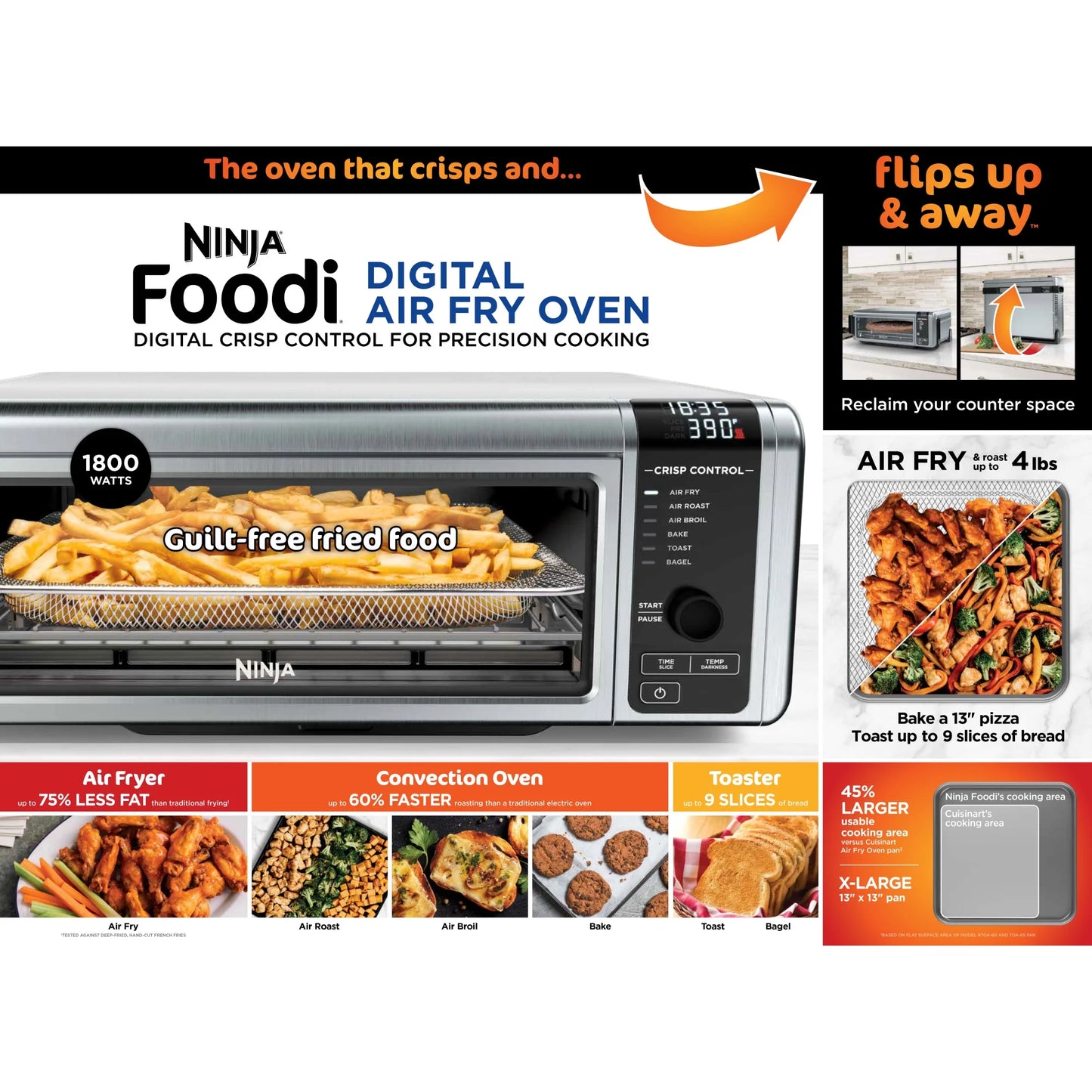 Ninja Foodi 6-in-1 Digital Air Fry Oven, Air Fryer, Convection Oven, Toaster, with Digital Crisp Control Technology, Compact Size, Stainless, SP080