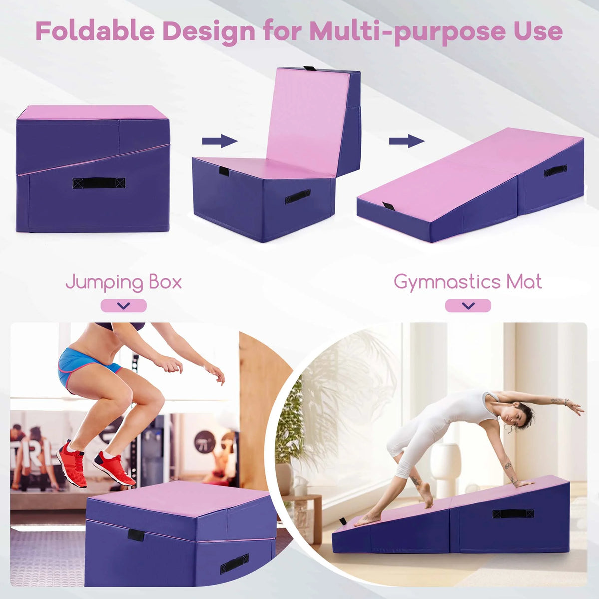 Costway Gymnastics Tumbling Mat Folding Incline Yoga Mat with Non-slip PVC Leather Pink