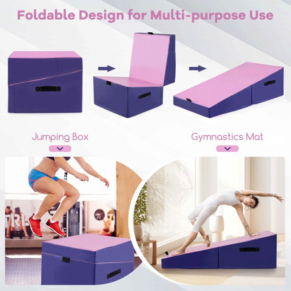 Costway Gymnastics Tumbling Mat Folding Incline Yoga Mat with Non-slip PVC Leather Pink