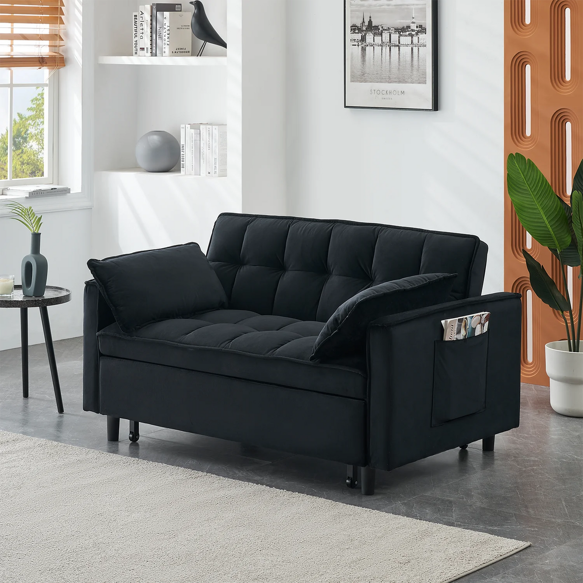 Adjustable Back Velvet Futon Sofa Bed, Modern Convertible Couples Sleeper with Side Pockets, Fold Down Couch for Living Room, Apartment,Blue