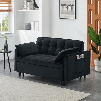 Adjustable Back Velvet Futon Sofa Bed, Modern Convertible Couples Sleeper with Side Pockets, Fold Down Couch for Living Room, Apartment,Blue