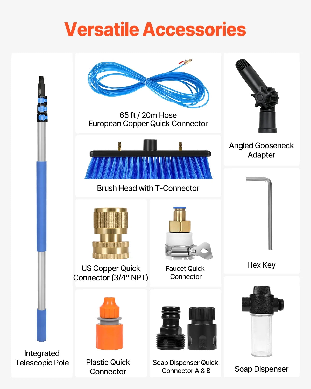 VEVOR Water Fed Pole Kit, 12FT Solar Panel Cleaning Pole with Extendable Handle, 180�� Rotatable Brush Head & 65.6FT Hose, Household & Outdoor Window Cleaner Tool for Caravan Solar Panel Deck