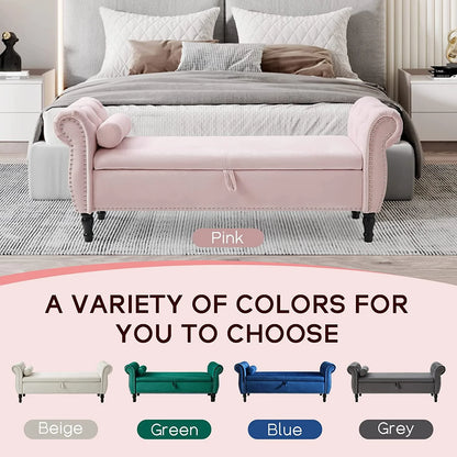 Sumdeal 43.5" Storage Ottoman Bench with 250lb Seating, Linen Upholstered Wood Legs Safety Hinge Flip Top Oval Foot Rest Long Stool for Sofa Couch Bedroom End of Bed Living Room Entryway, White