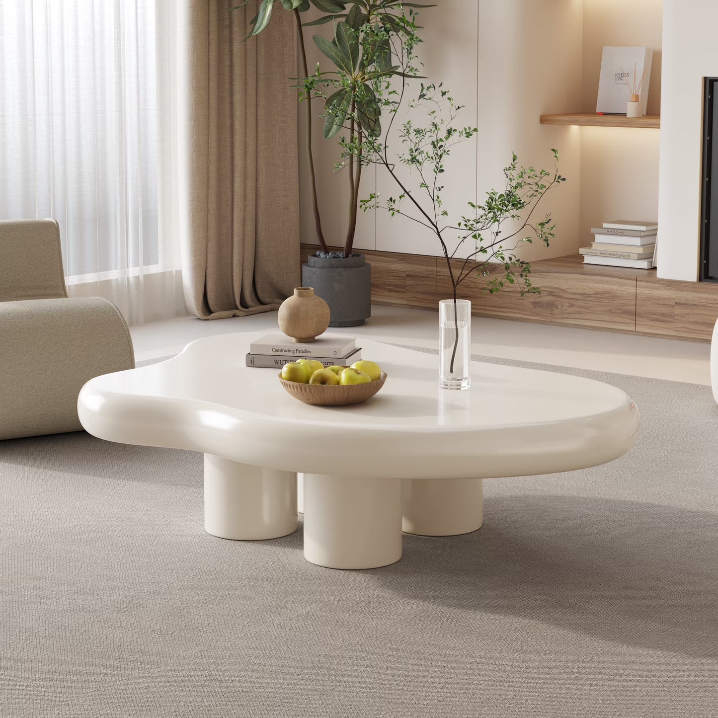 Guyii Cream White Coffee Table with 4 Legs, Irregular Side Table, Modern Wood Tea Table for Living Room, Apartment, Office