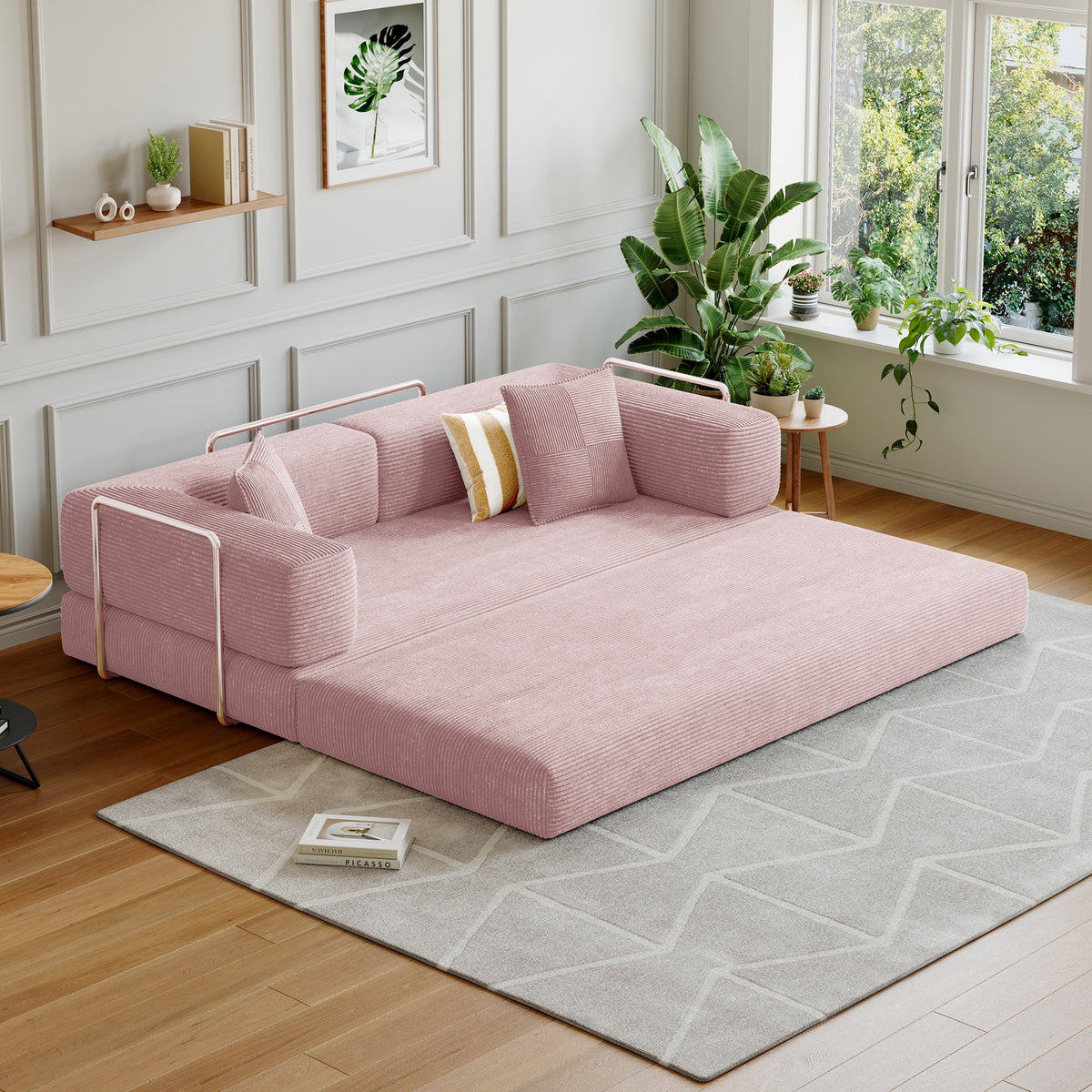 Convertible Sleeper Sofa Bed,Compressed Floor Boneless Couch,Modular Modern Corduroy Sofa for Living Room Bedroom -with Fixed-Shape Frame and Support Armrest,Easy Assembly(Green)