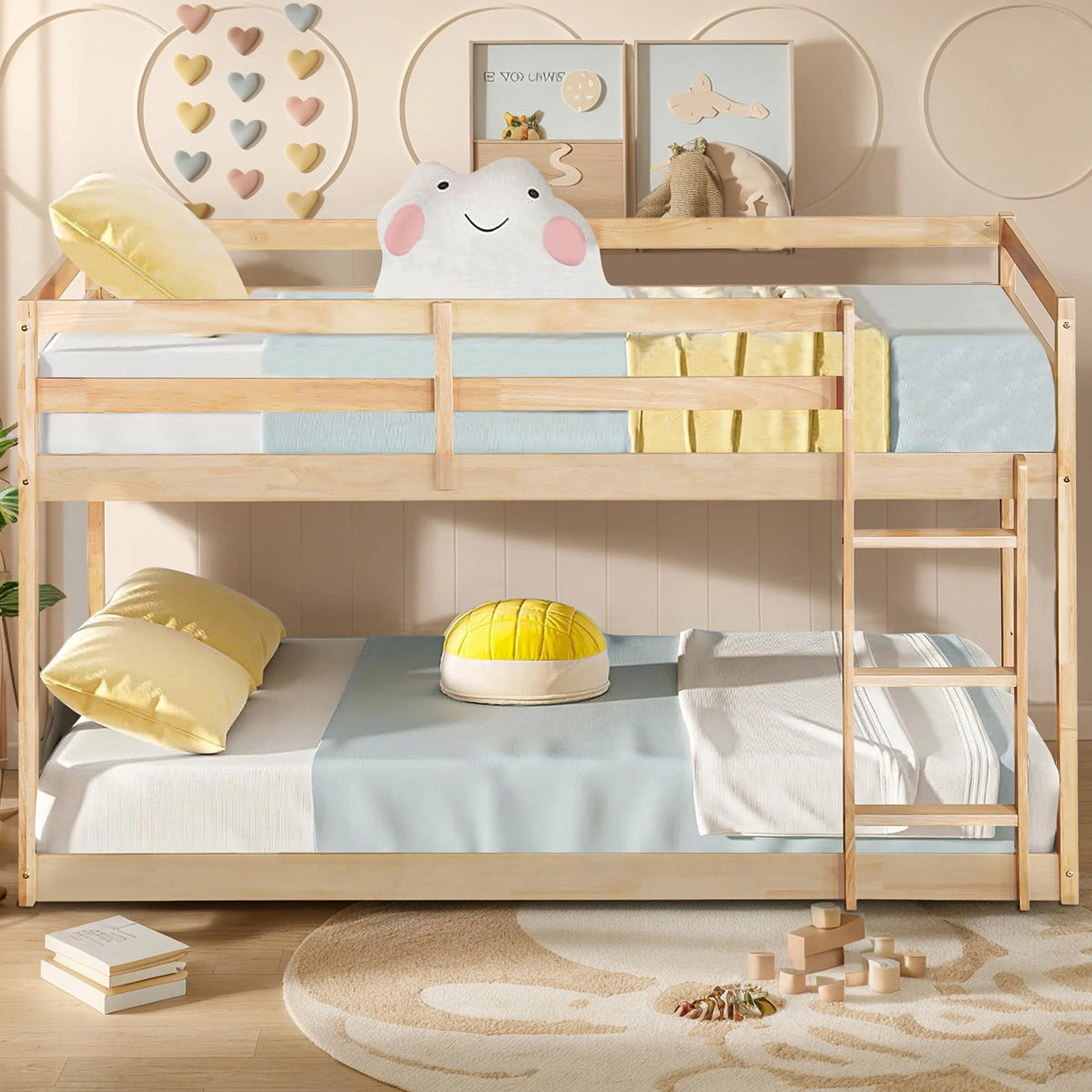 Twin Over Twin Floor Bunk Bed, UHOMEPRO Solid Wood Low Bunk Bed with Safety Rail, Ladder, Heavy Duty Bunk Beds, Space-Saving Bedroom Dorm Furniture, Gray