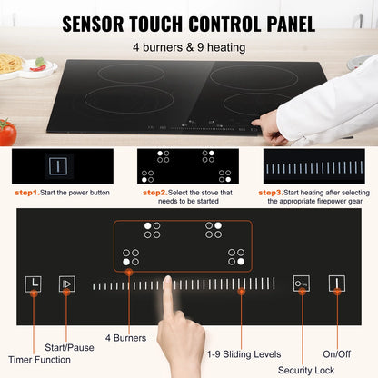 KFFKFF Sleek Electric Stove Top, 24" 4 Burners 240V 6000W Electric Cooktop Ceramic Top with Touch Control, Timer & Child Lock, 9 Heat Levels for Diverse Cooking Requirements(NO Plug)